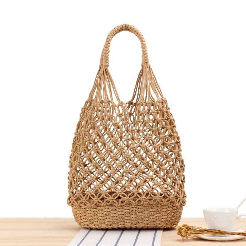 

Fashion Women Bag Cotton Thread Summer Beach Bag For Lady Knitted Straw Large Woven Handbag Casual Tote Shoulder Bag