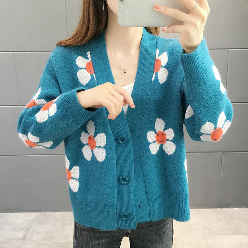 

Preppy Style Flower Knit Cardigans Sweater 2020 Autumn College Women V Neck Loose elegaht Thicked Pull Print Short Casual Coat