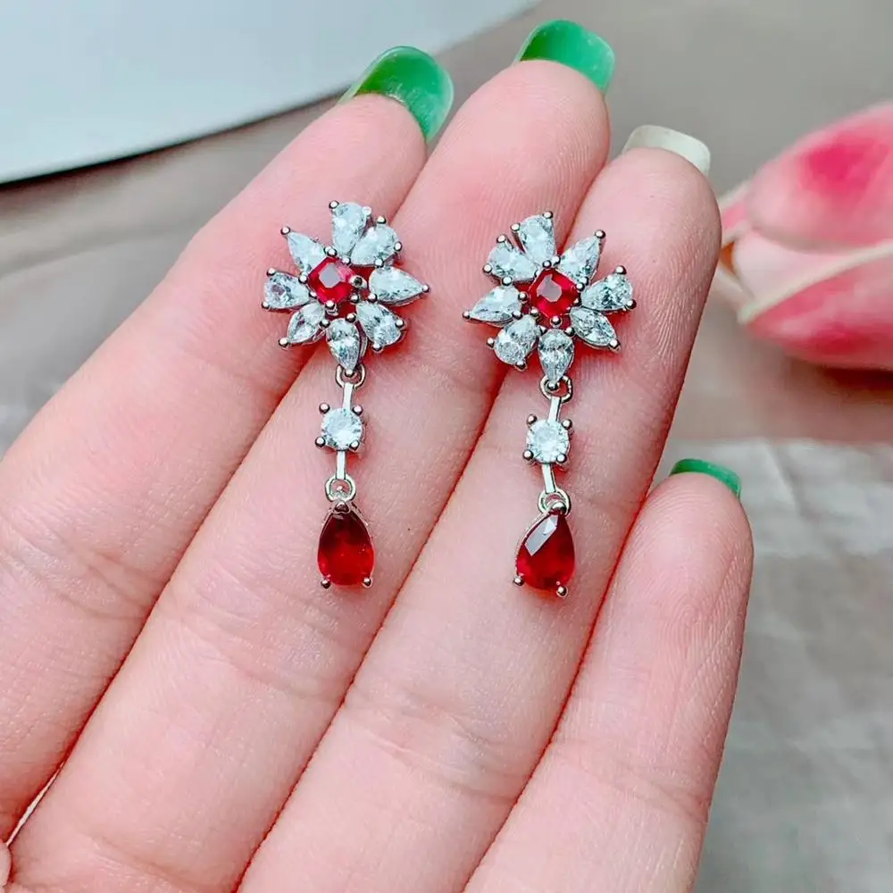 Ruby gem earrings Натуральный Зеленый Изумруд Красный Руди драгоценный камень серьги для женщин с серебряными ювелирными изделиями для девочек подарок на день рождения - Gem Color: Ruby gem earrings