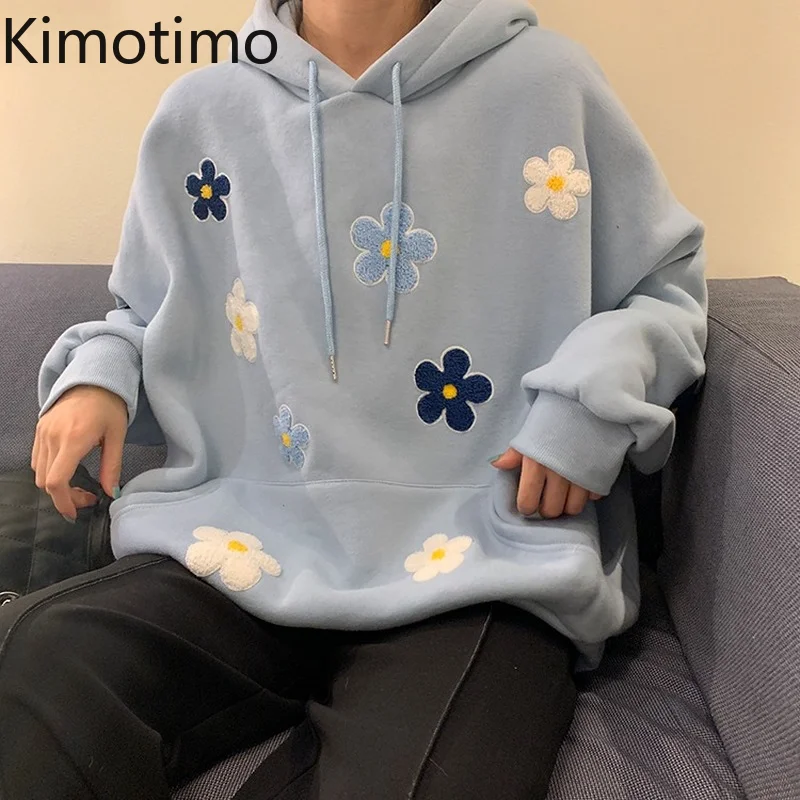 

Kimotimo Flowers Hooded Sweatshirt Women Autumn Design Loose Long Sleeve Hoodies Korean Chic Casual Fashion All-match Clothes
