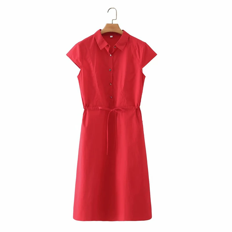 

DOUJILI Women Dress Short Sleeve Solid Color Red Square Neck Pocket Midi Dress With Belt Summer Dress For Ladies