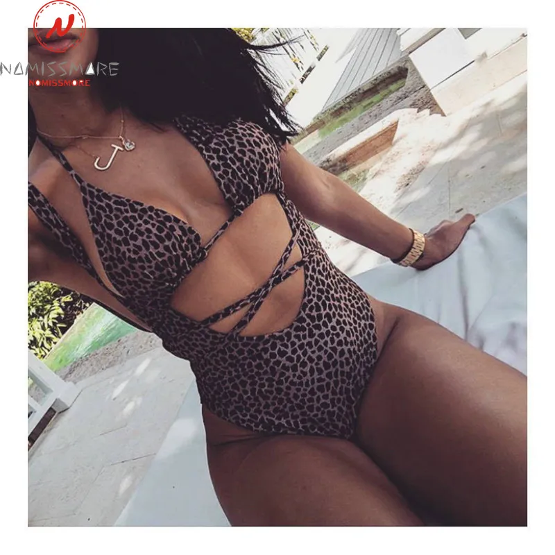 Женский купальник без рукавов Леопардовый бандажный комбинезон с принтом