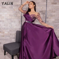 yalin purple satin long sleeve evening dresses see thru beaded elegant robes de soir%c3%a9e formal party gowns for wedding guest