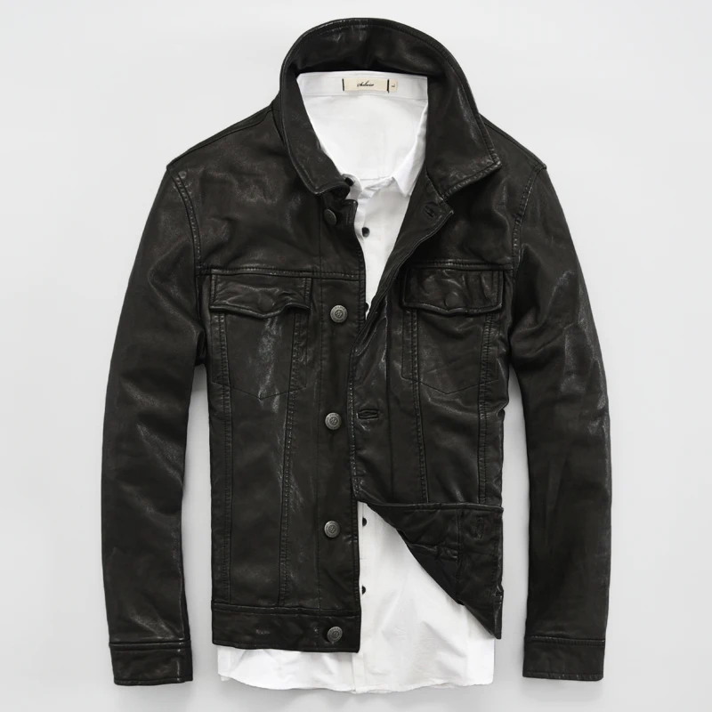 

Куртка мужская Кожаная Мотоциклетная, приталенный силуэт, модное пальто из овечьей кожи с лацканами для молодежи, Осень-зима