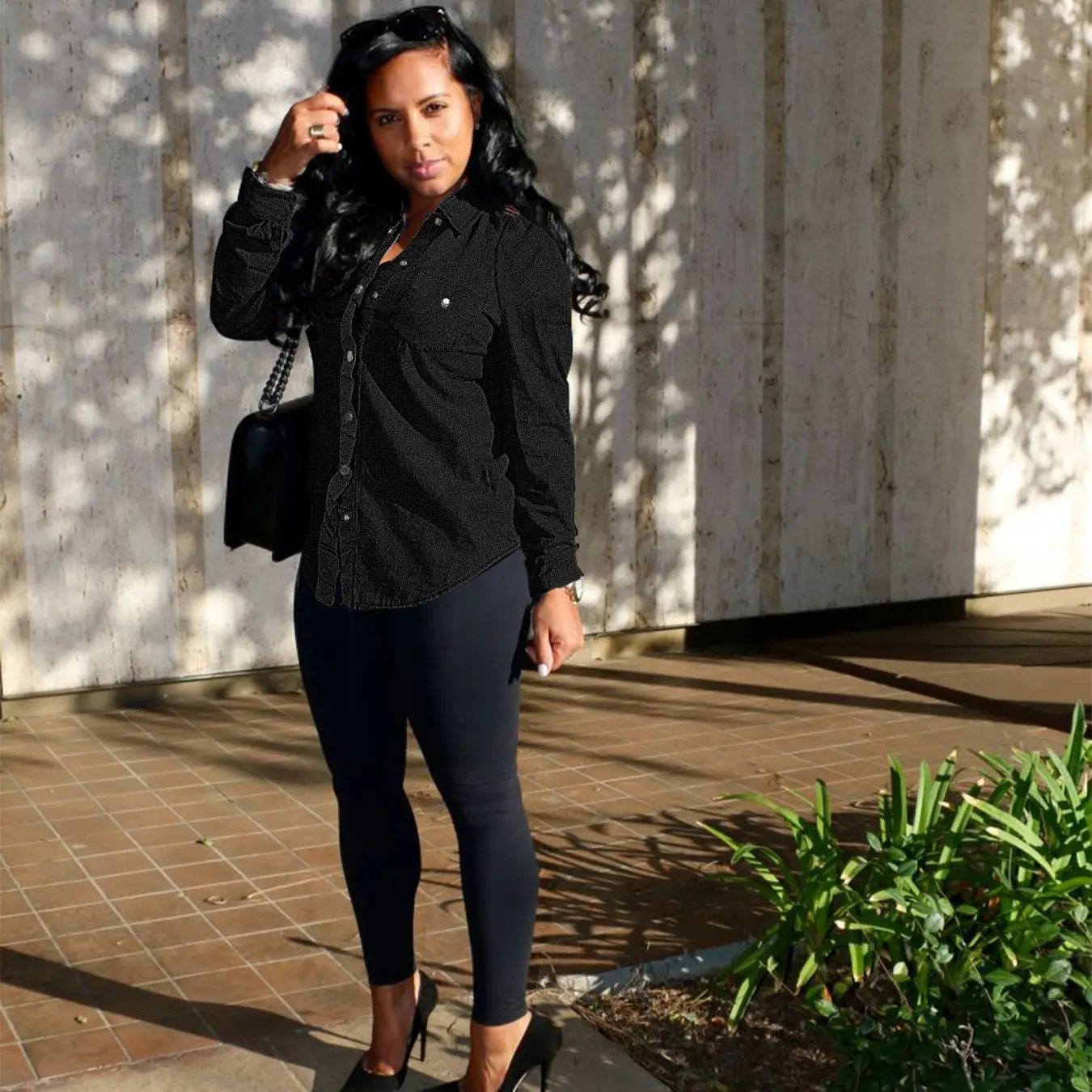 Свободная Повседневная Джинсовая блузка топы однобортные черные/армейские