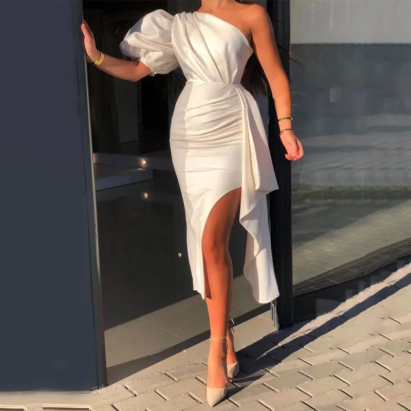 

Women Dress One Shoulder Puff Sleeve Ruched Slit Bodycon Solid Color Summer Fashion Sexy Midi Elegant Dress