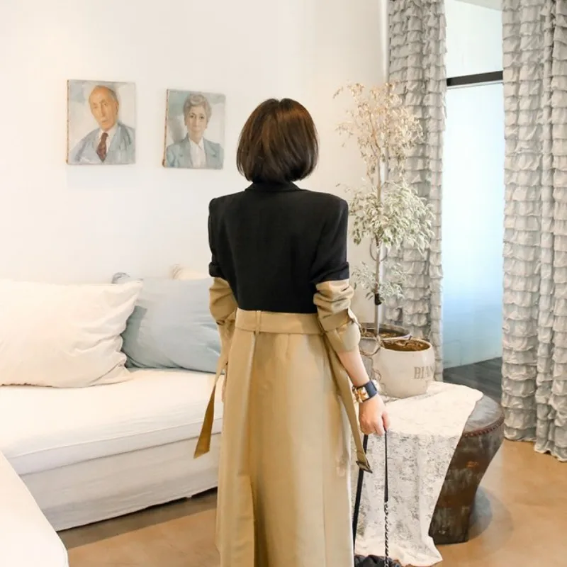 

OL Style Trench Coat Women Elegant Patchwork Single Breasted Slim Medium Long Coat Office Lady Long Sleeve Sashes Windbreakers