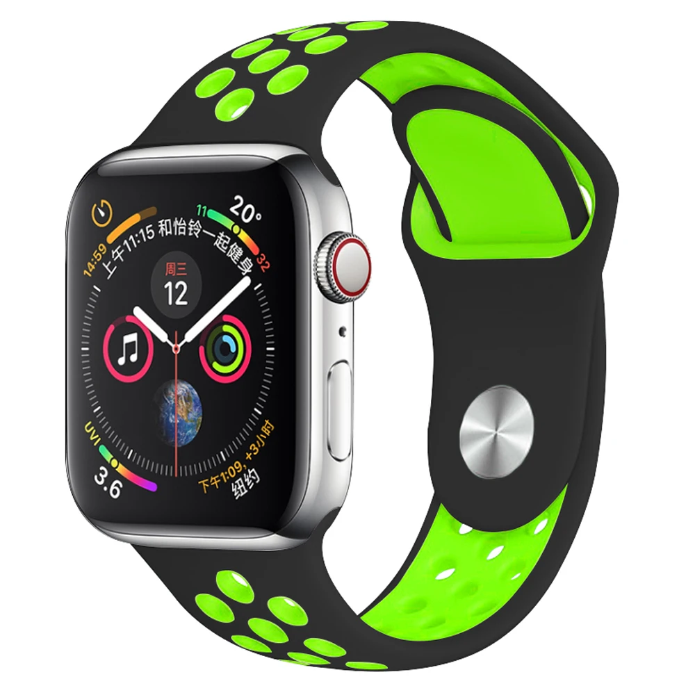 Black Green 10 Силиконовый спортивный ремешок для наручных часов Apple watch, ремешок 38 мм 40 мм 42 44 мм наручные браслет, ремешок для наручных часов iWatch серии 4/3/2/1 женские полос - Цвет ремешка: Black Green 10