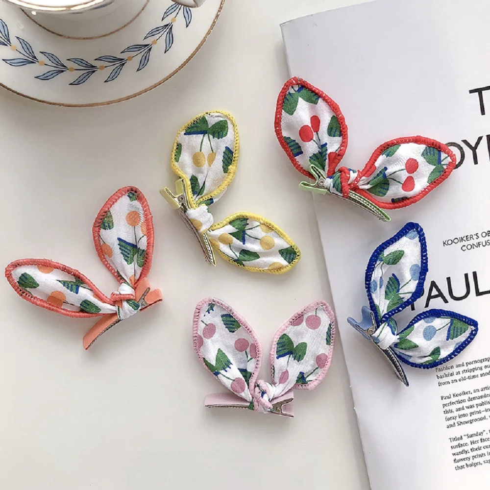 

2021 Children Cute Cotton Floral Rabbit Ears Bow Barrettes Fruit Cherry Hairpins Sweet Hair Clips Kids Hair Accessories