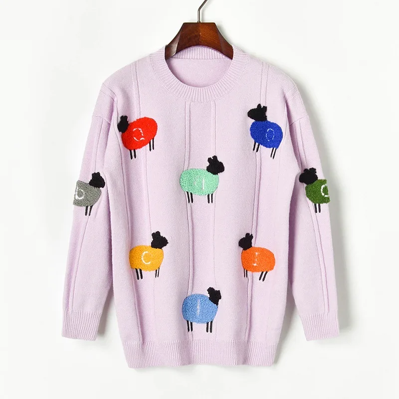 INS Popular Thick Women Sweater with Contrast Color Sheep Pattern Towel Embroidery Lilac Long Sleeves Knitted Pullover | Женская одежда