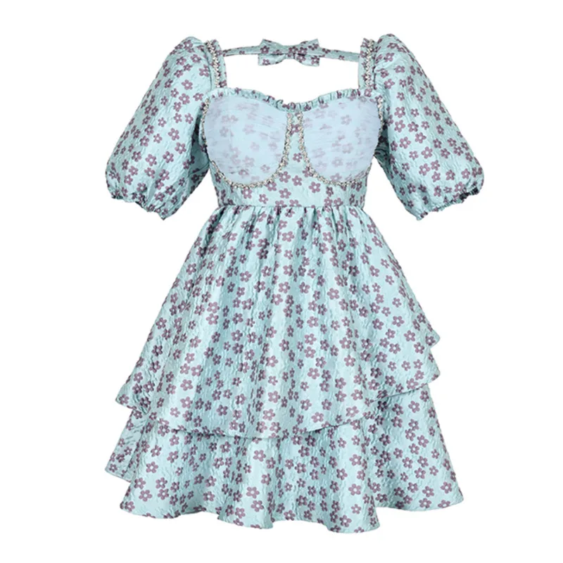 

DEAT 2021 New Women Fashion Slim Blue Square Collar Puff Sleeve Patchwork Printing Diamond High Waist Dress Summer Autumn 7E2232