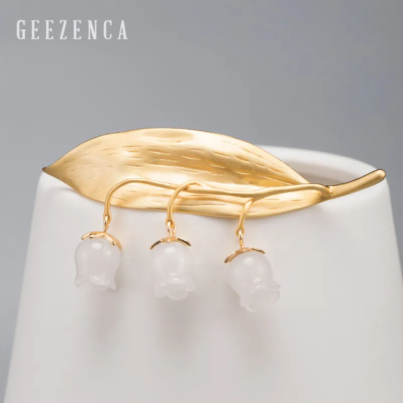 Женская брошь ручной работы из серебра 925 пробы с золотым листом и белым нефритом