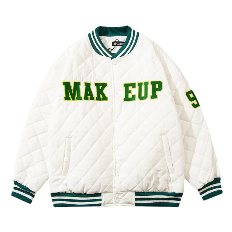 

Men Vintage Thick Parkas Letter Embroidery Plaid Jacket Harajuku Causal Loose Baseball Varsity Jackets Cotton Winter Coat Unisex