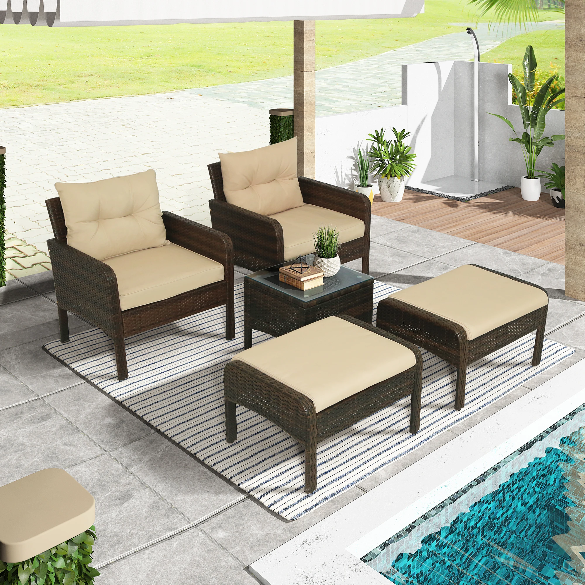 +2 Ottoman Footstool+1 Glass Table[us-depot]