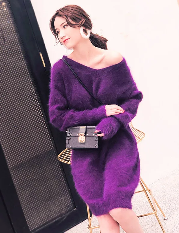 2022 New fashion winter long dress 100% real mink cashmere fluffy big size sweater skirt free shipping JN910 | Женская одежда