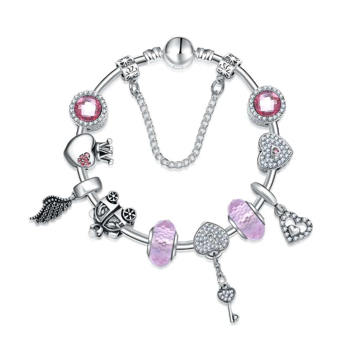 Роскошный браслет Пандора из розового стекла и серебра с кристаллами