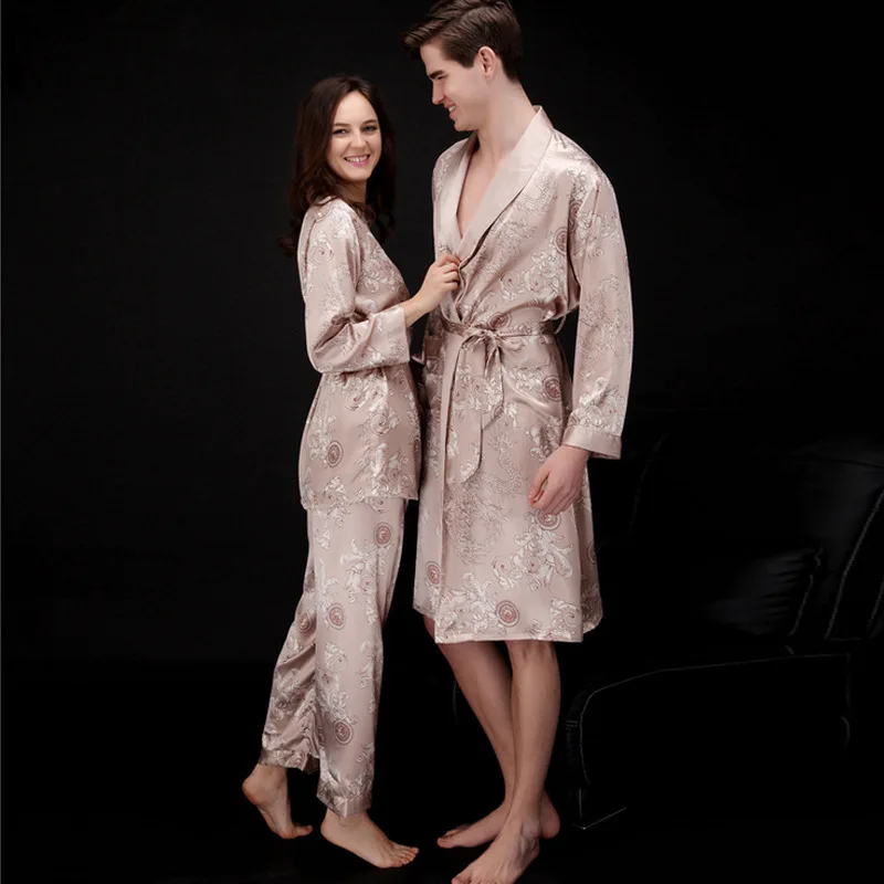 

032+013 Couple pajamas suits popularluxury sexystain silk three pieces women men tatting long-sleeved summer autumn lounge sets