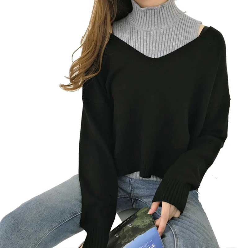 2 шт. свитер с глубоким v-образным вырезом Женский комплект весна-осень однотонный