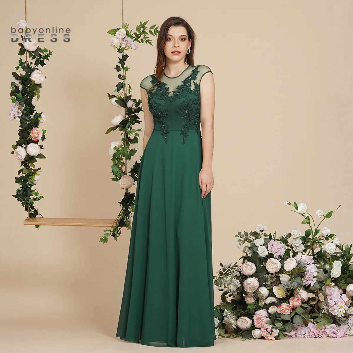 

Lace Evening Dresses Long Luxury 2022 Chiffon Pearls Scoop Neck A-line Formal Wedding Evening Party Gowns Christmas Dress