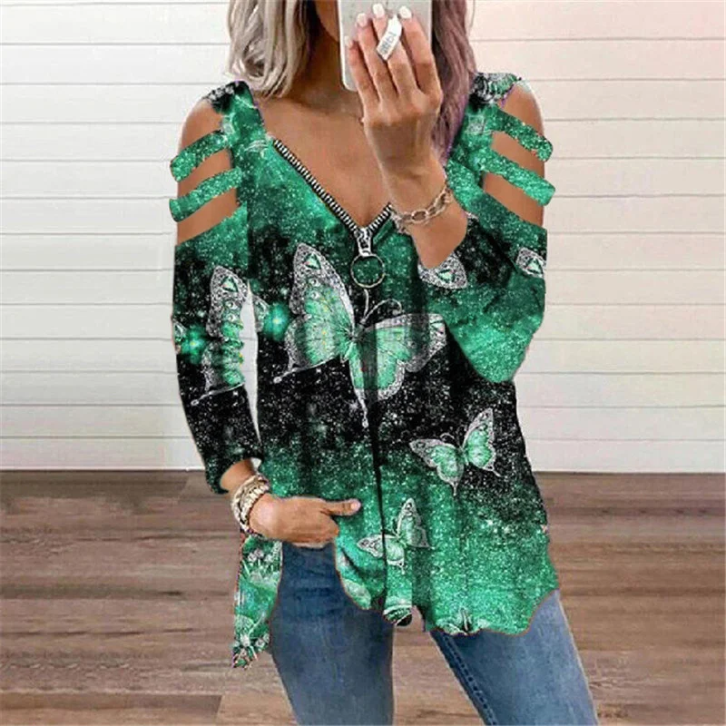 

Women's V-neck zipper long sleeve T-shirt tshirt befree vintage tops