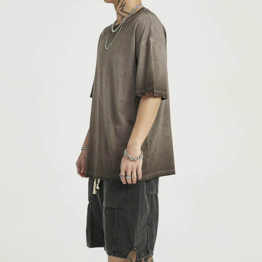 

Garment-wash Cotton Oversize T-shirt Ripped Cuffs Short Sleeve Raglan Tee Kanye Streetwear