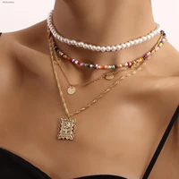bohemian colored rice bead disc multilayer necklace rose flower square metal pendant imitation pearl chain ladies accessories