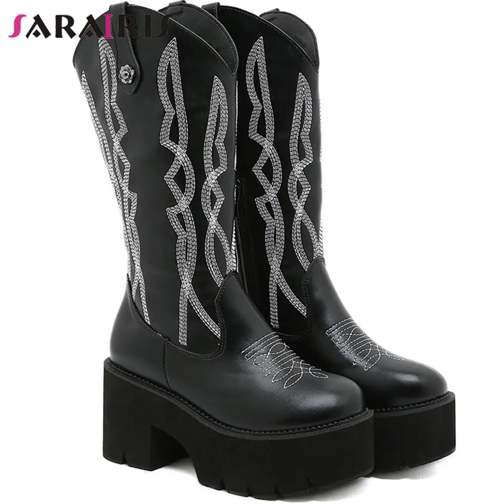 SaraIris Female Motorcycle Boots Solid Slip On High Heel Platform Cowboy Cowgirl women's Shoes Casual Leisure Rome Shoes