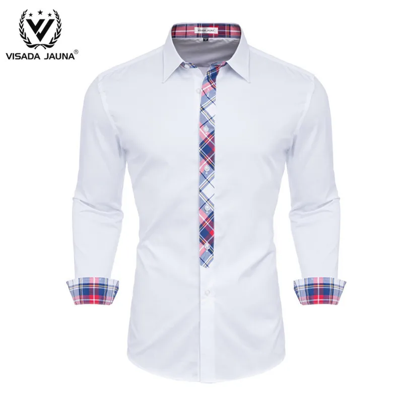 White VISADA JUANA Camisa мужские рубашки с длинным рукавом мужские s рубашки брендовая одежда Повседневная облегающая Camisa Social полосатый Masculina Chemise - Цвет: White