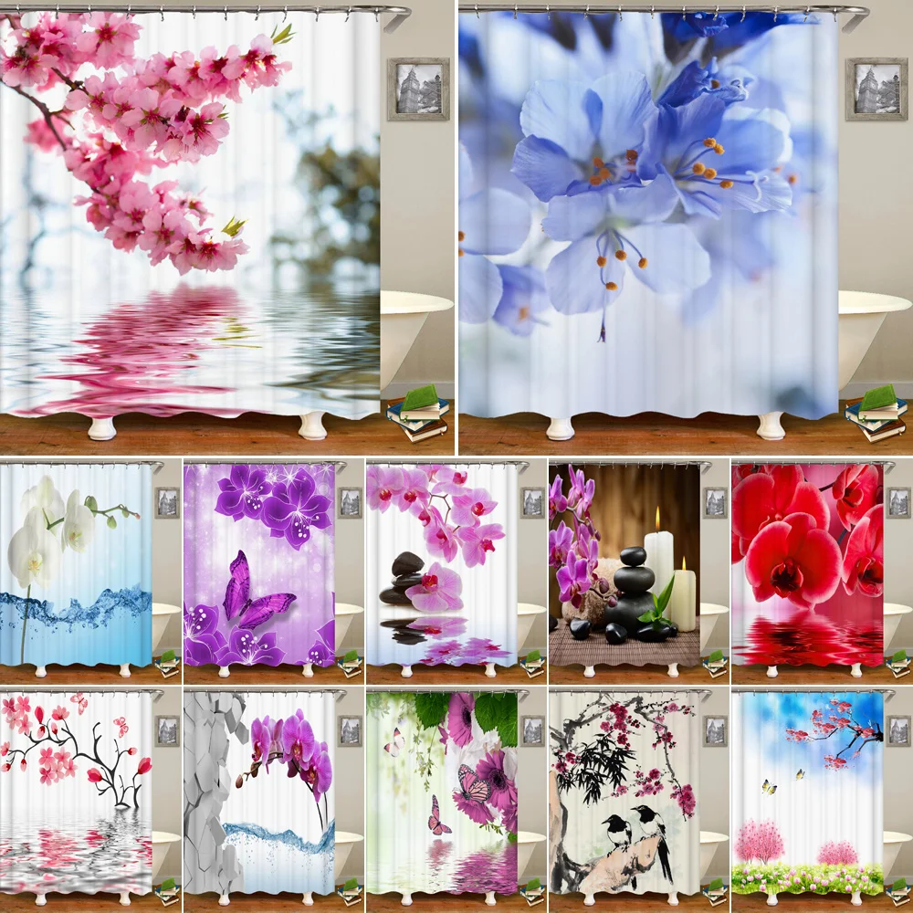 

3D Colorful Tulip Lotus Flowers Trees Shower Curtain Bathroom Curtains Nature Flower Waterproof Polyeste Fabric Bathtub Decor