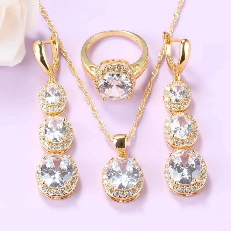 Набор свадебных украшений ожерелье и серьги золотого цвета с белым цирконием