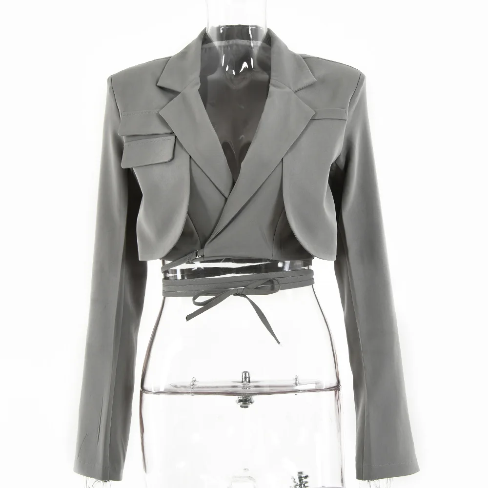 

Black Double Layer Lace Up Coat Blazer Slim Women Gray Long Sleeve Pocket Short Jacket Suit Collar Female Outwear Clothes 2021