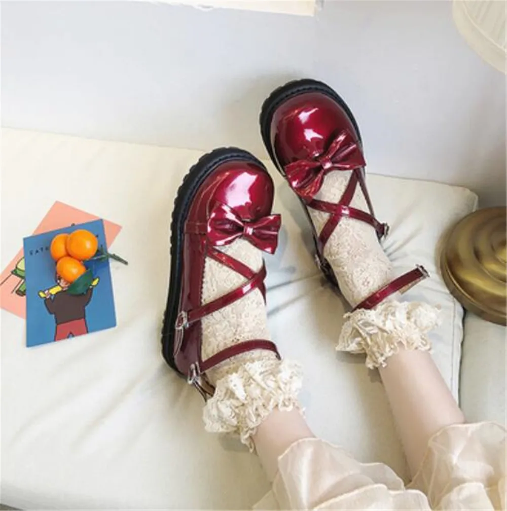 bright red Туфли Лолиты с бантом школьная форма для японской средней школы ПУ искусственная кожа яркого цвета Косплей-платье лолиты обувь B378 - Цвет: bright red