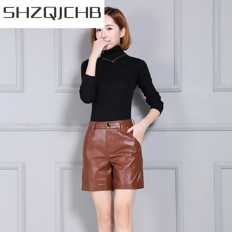 JCHB 2021 Genuine Leather Fashion Womens Shorts Streetwear High Waist Casual Stretchy Trousers Punk Comfort High Quality Pantalo