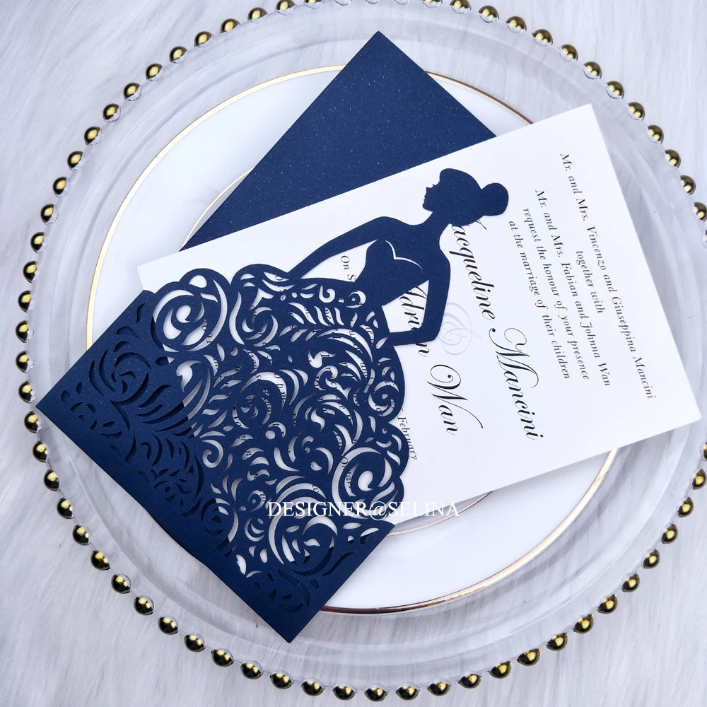 Темно синий лазерный Вырез свадебные пригласительные открытки сувениры и