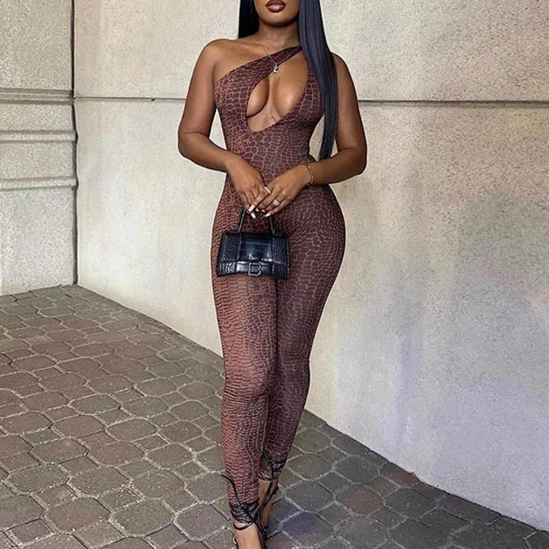 

Winter 2022 Spring Bodycon Sexy Jumpsuits Party Snake Printed Skinny Low-cut Club Sleeveless Pencil Legging Skew Women Playsuit