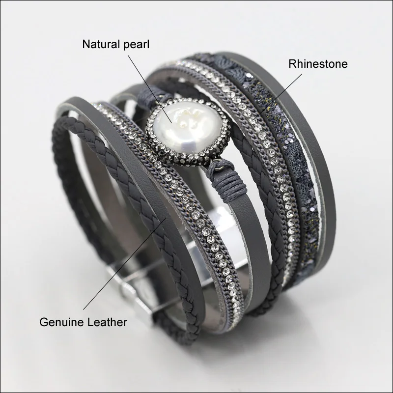 

VONNOR Women Bracelet Jewelry Multilayer Leather Rope Chain Alloy Inlaid Rhinestone Bracelets Female Accessories Dropshipping