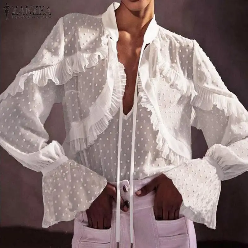 

2021 new Fashion Women Ruffles Blouse Autumn Deep V Neck Flare Sleeve Shirts Sexy Lace Crochet Blusas Casual Mesh Tunic Tops 7
