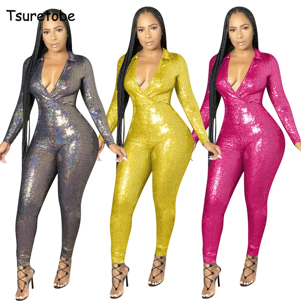 

Tsuretobe Bronzing Skinny Rompers Women Long Sleeve Deep V-Neck One Piece Outfit Ladies New Solid Bodysuit Early Autumn Clothing