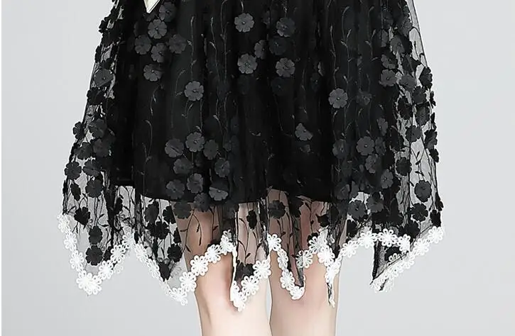 

High Quality Black Mesh Embroidery Flowers Party Dresses Women Vintage Floral Applique See Through Elegant Dress