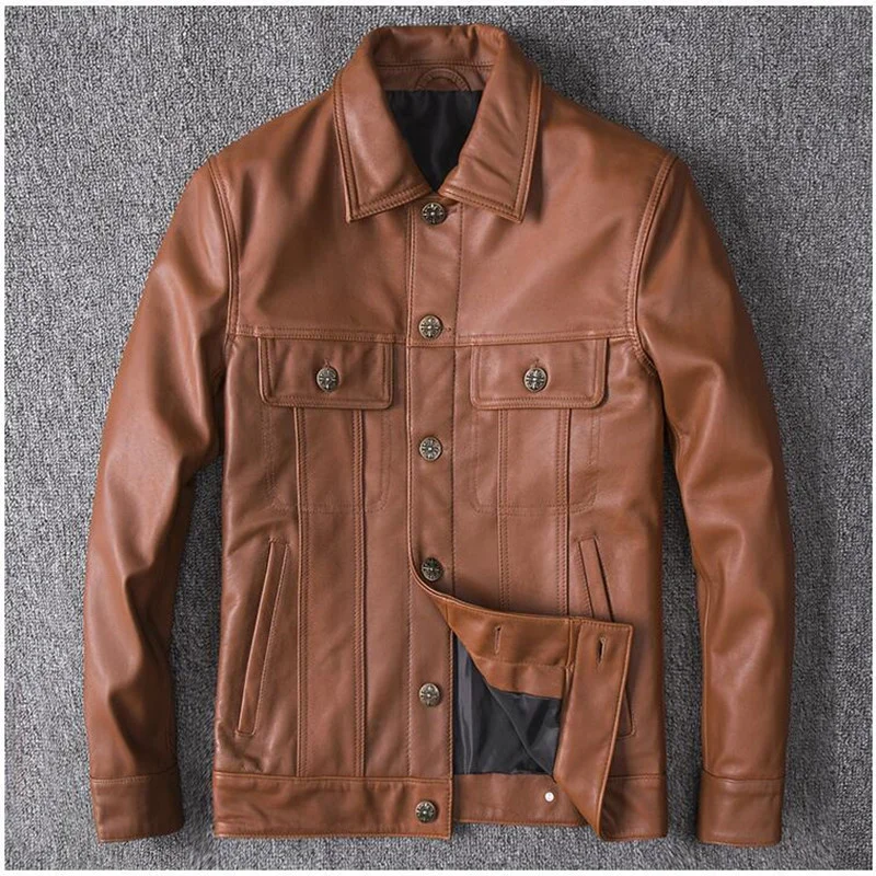 

2021 Light Brown Casual Style Leather Jacket Men Single Breasted Plus Size XXXXL Genuine Natural Cowhide Slim Fit Spring Coat