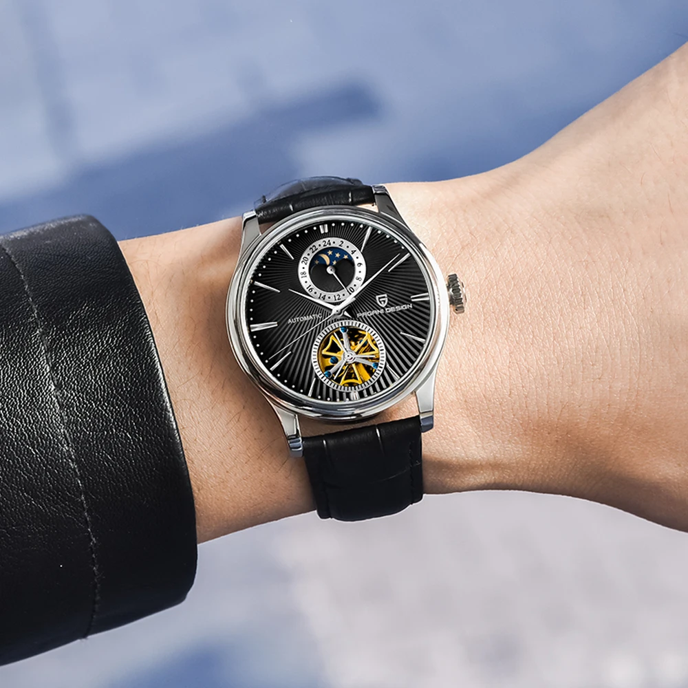 

PAGANI Classic Black Moon Phase Mechanical Watches Automatic Tourbillon Men's Genuine Leather Watch Relogio Masculino Dropship