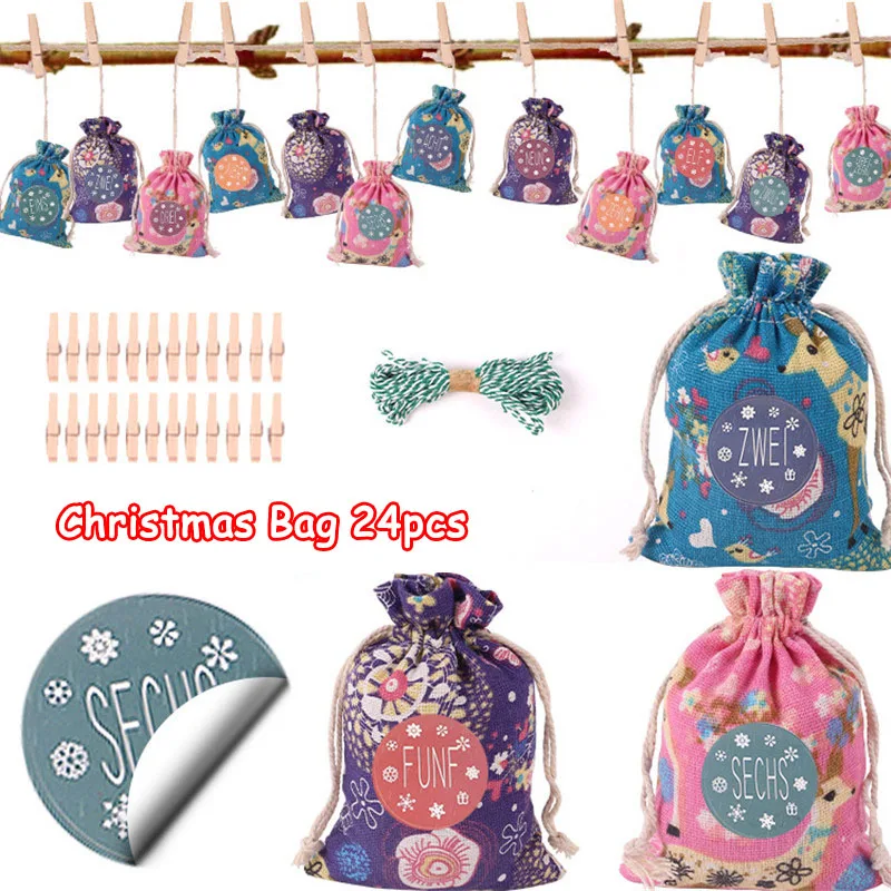 

24pcs Christmas Fawn Set Cotton Gift Bag 2021 Christmas Drawstring Gift Sticker Decoration Candy Packaging Bag nn104