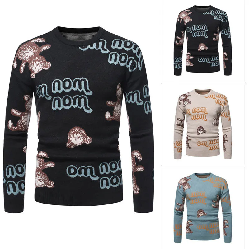 

2021 new sweater men's round neck bear print fashion sweater autumn knit sweater