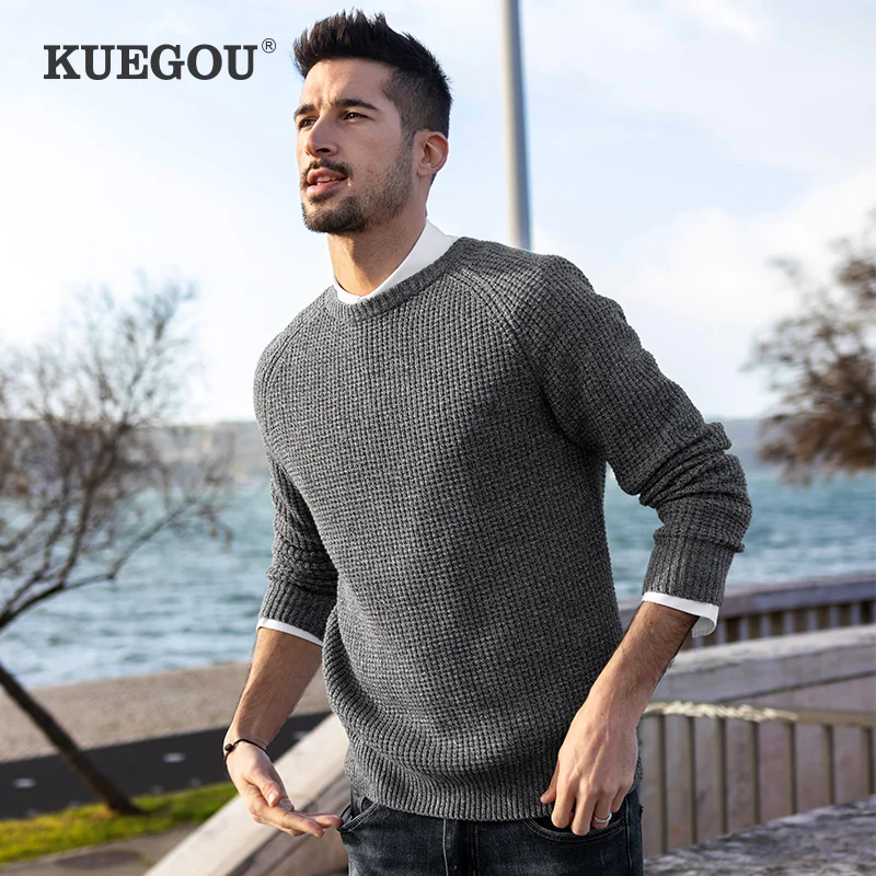 Kuegou 100% хлопок осень зима мужской свитер модный круглый воротник вязаный тонкий