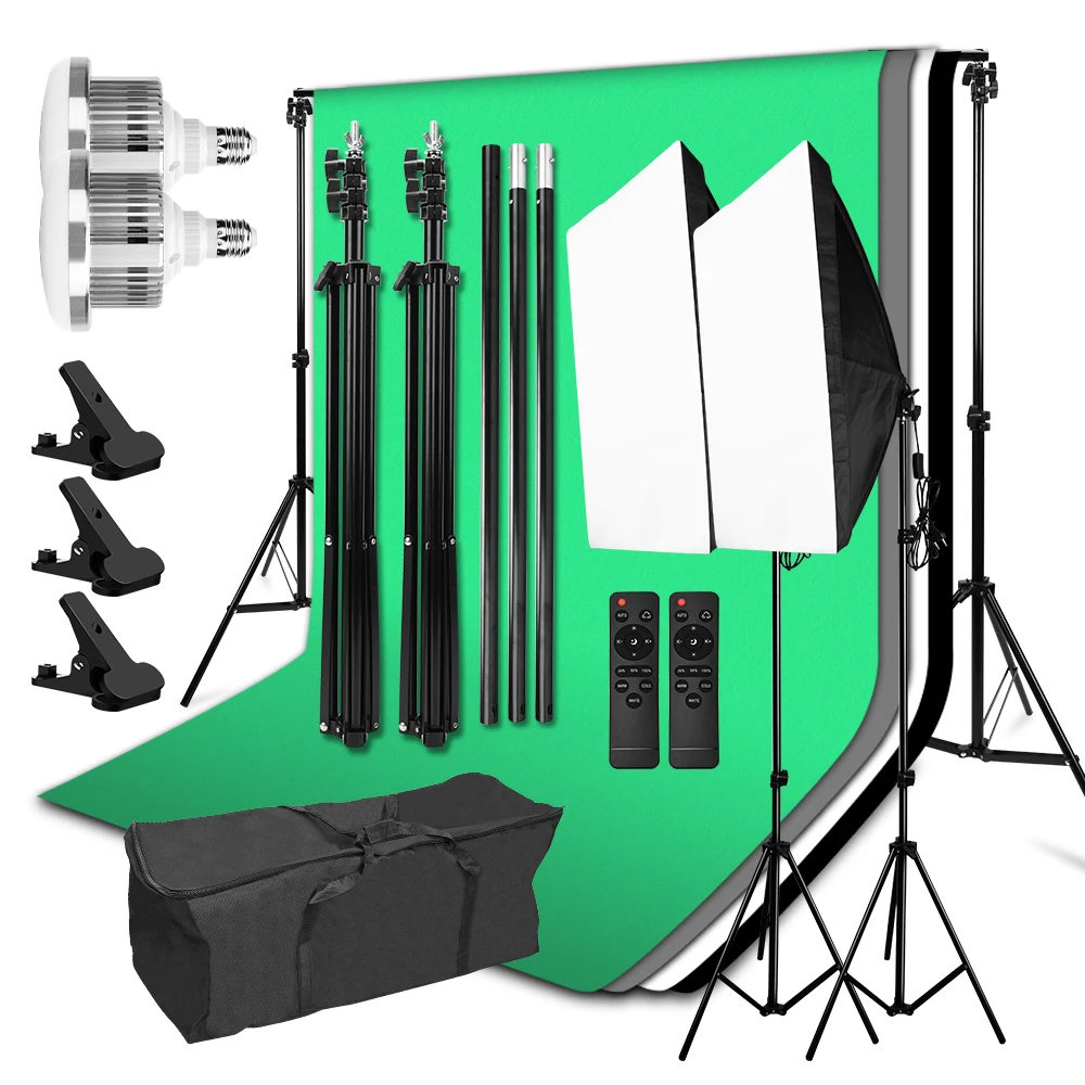 

2x2m Background Support System 85W 3200K-5500K Dimmable Softbox Continuous Lighting Kit 2m Tripod Portable Bag for Photo Studio