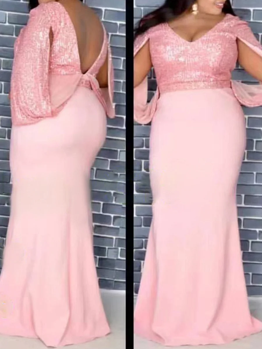 Элегантное розовое рождественское длинное платье с блестками женское