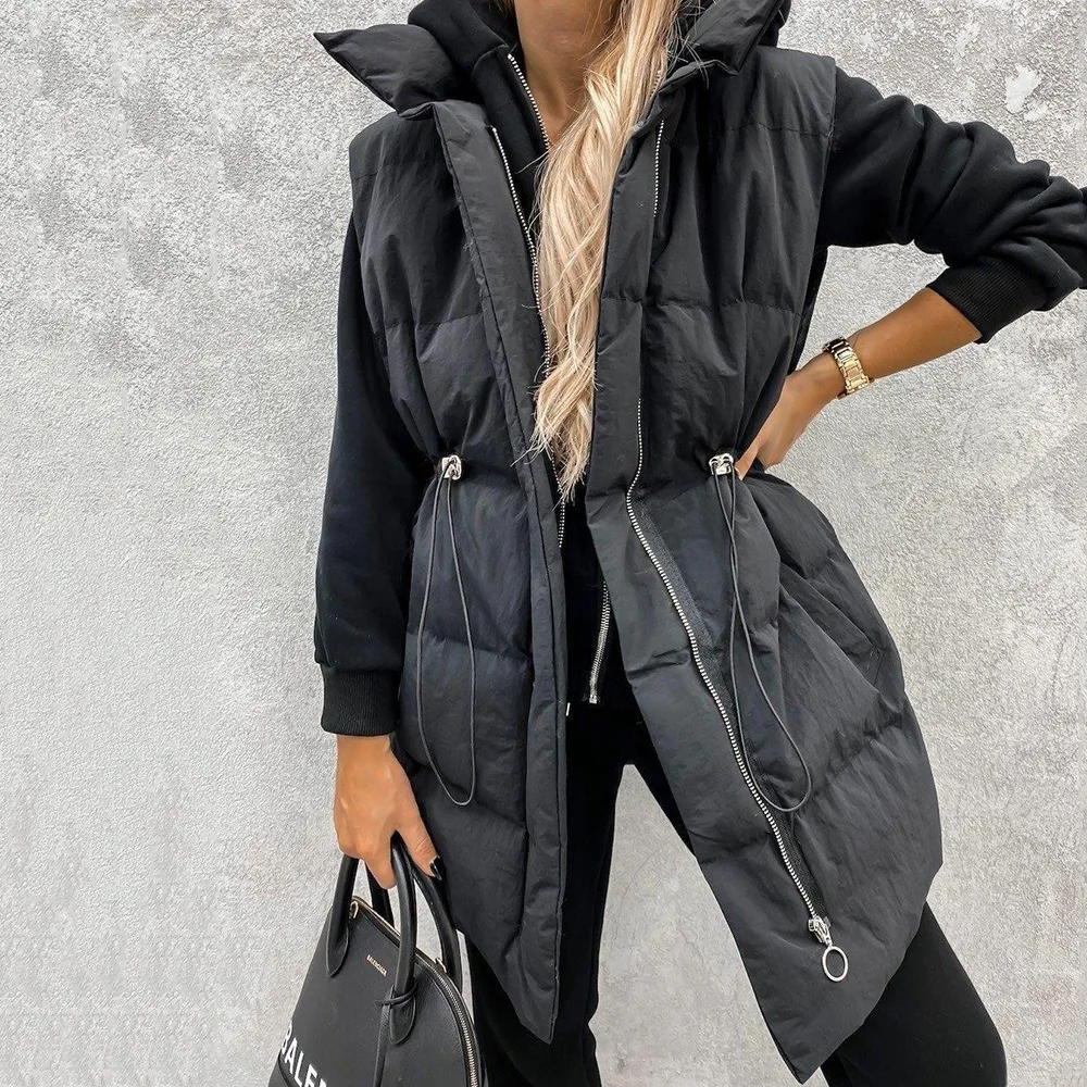 

Demaifashion Fashion Padded Cotton Vest Trench Coats Women Solid Windbreaker Female Zip Cardigans Warm Lady Waistcoat Streetwear