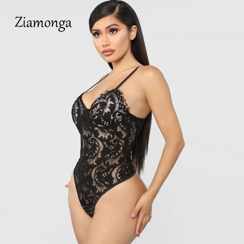 Ziamonga Sheer Lace Bodysuit Women Sexy Spaghetti Strap V-Neck Push Up See Through Jumpsuit Women Lace Bodysuits Summer New