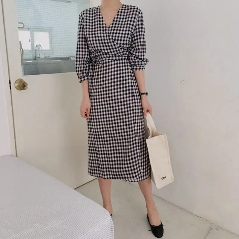 

Office Ladies Plaid Dress VONDA 2022 Women 3/4 Lantern Sleeve Belted Party Midi Dress Holiday Sundress Vestidos Oversized Robe