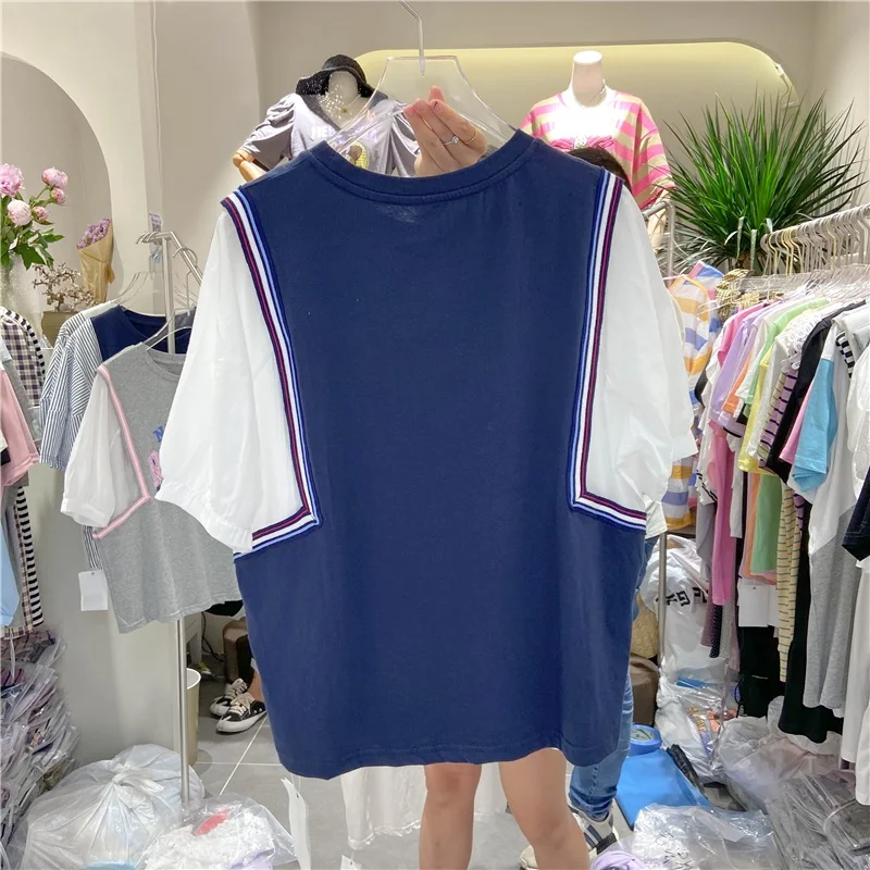 

Summer New Fake Two Cotton T-Shirt Female Korean Harajuku Style Casual Loose O-Neck Letter Print Pattern Short Sleeve Women Tops